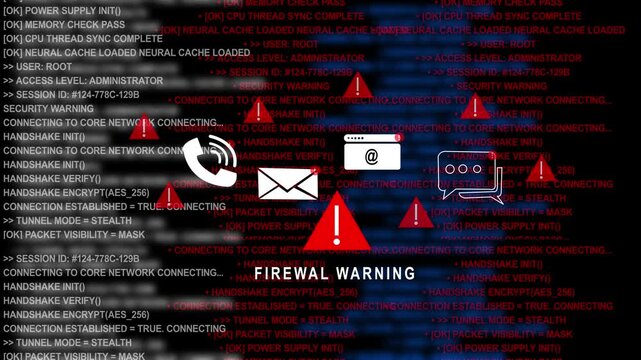 Firewall warning cyber security alert with digital data code background, and communication data breach