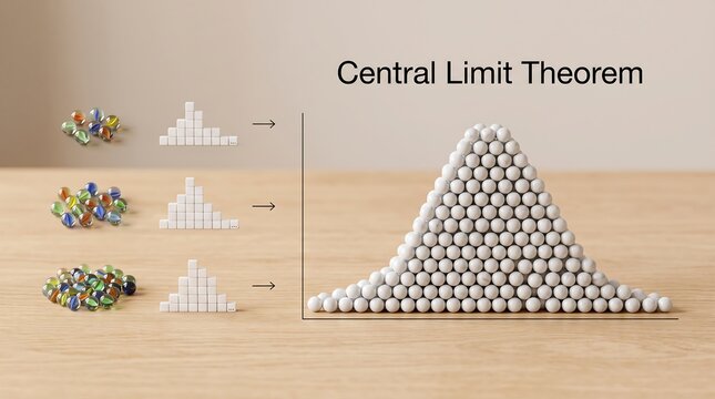 Central Limit Theorem visualization showing probability distribution transformation from individual samples to normal curve
