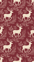 Fototapeta premium Reindeer Silhouettes with Forest Foliage Pattern in Burgundy