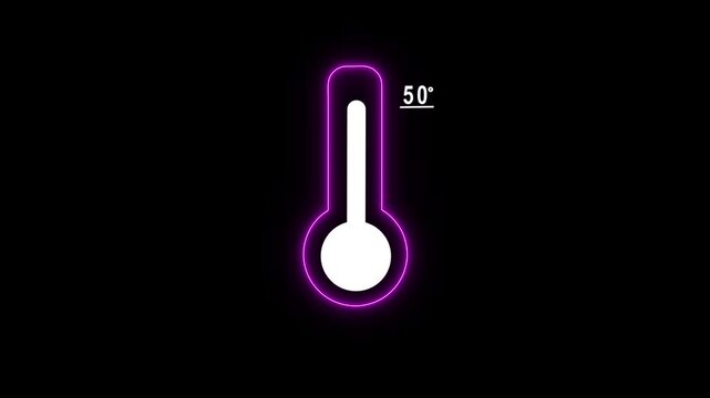 Neon thermometer animation showing fifty degrees temperature concept on black background, heat cold weather