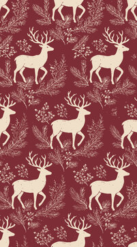 Reindeer Silhouettes with Forest Foliage Pattern in Burgundy
