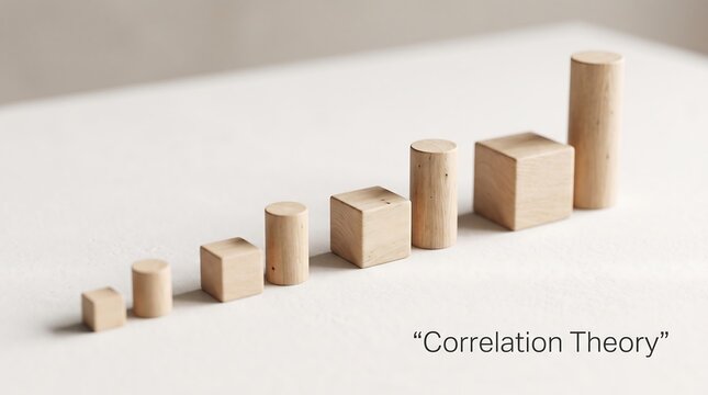 Wooden block bar chart illustrating correlation theory with copy space and neutral studio background