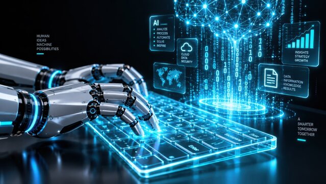 Robot hands typing on a futuristic digital keyboard
