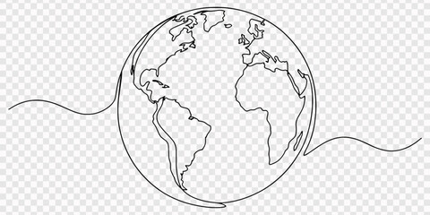 Continuous line drawing of the earth globe showing continents on a white background, Continuous line drawing of the Earth globe shows the continents of Europe, Africa, and the Americas, rendered  © line hm