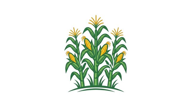 Vector illustration of growing green corn stalks with ripe yellow corn cobs and golden tassels, isolated on a white background