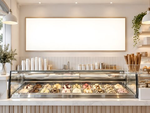 Bright Gelato Shop Interior with Large Blank Menu Board Colorful Ice Cream Display Waffle Cones Cups and Modern Counter