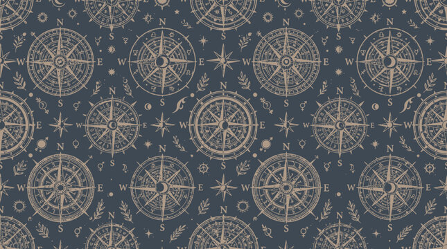 Compass rose pattern with maritime symbols in dark blue background