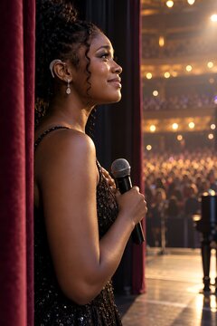 Young singer with a hearing aid smiles through nervous tears while waiting in the wings for her stage debut.