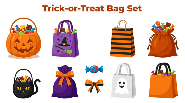 Set of various Halloween trick or treat bags filled with colorful candies and sweets.