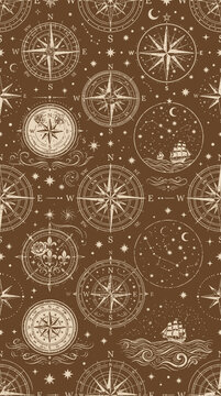 Vintage nautical compass rose map pattern with ships stars and waves