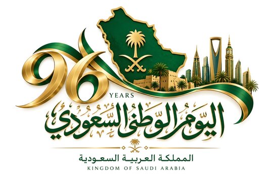 Saudi National Day 96 Years Celebration, Saudi Arabia Map and Riyadh Skyline with Green and Gold Arabic Calligraphy. 