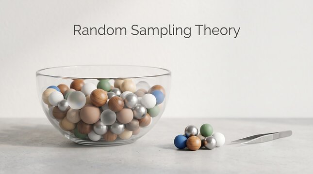 Glass bowl of assorted marbles and beads representing random sampling theory in minimalist studio setting