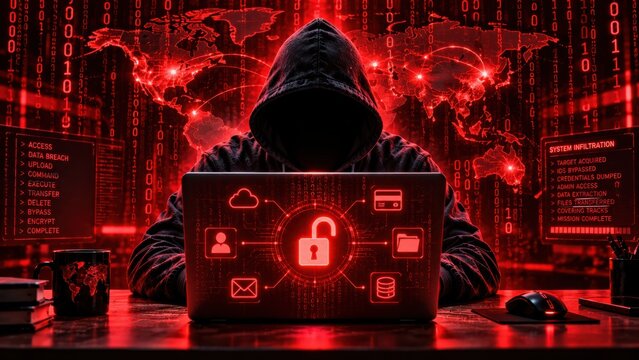 Hacker in hoodie working on laptop with cyber security breach