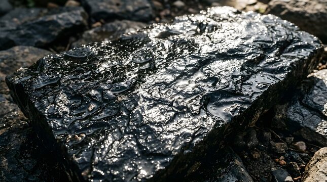 Close-up of a glossy, wet raw black obsidian slab with sharp natural conchoidal fractures resting on river rocks in a lush mossy forest.