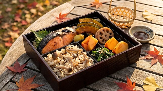 Traditional japanese bento box with grilled salmon and mushrooms on an outdoor wooden table. Picnic meal prep Japan