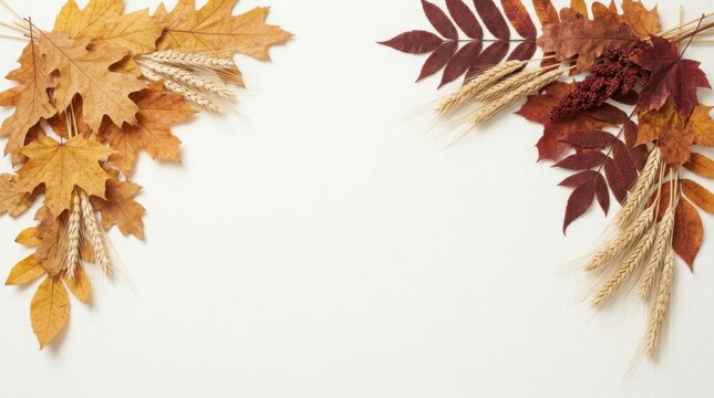 Autumn leaves and wheat ears frame on a white background
