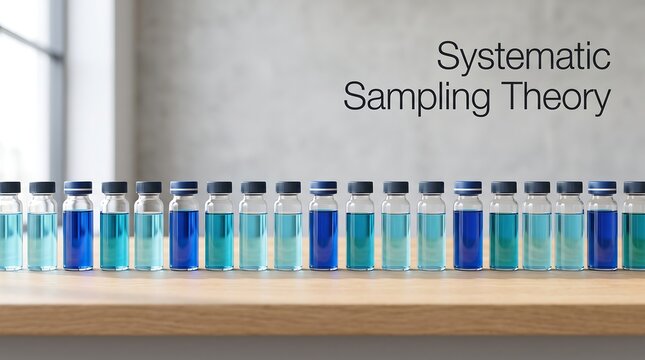 Row of identical blue liquid containers demonstrating systematic sampling method on wooden surface