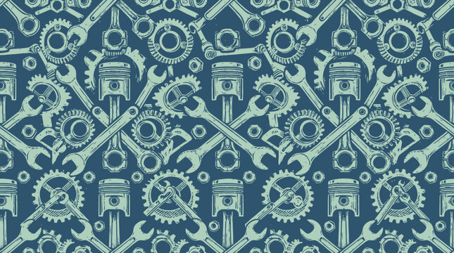 Car mechanical tools and pistons seamless pattern