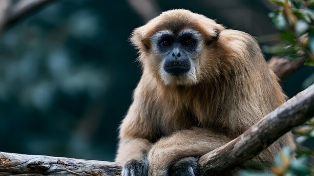 A close up of a golden monkey sitting calmly on a tree branch with soft fur and dark facial features