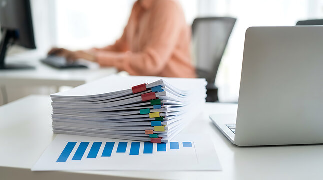 Stack of documents with colorful index tabs on an office desk with laptop