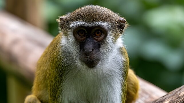 A close up portrait of a small monkey with brown eyes and white chest fur  sitting on a wooden branch in a green forest environment