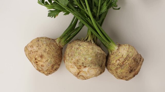 zoom fresh celery roots with greens on ligt surface top view food