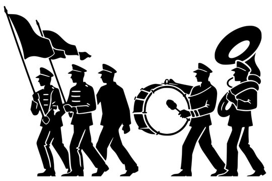 Black silhouettes of marching band with flags, drum, and sousaphone, bold vector design symbolizing parade, ceremony, and musical tradition.