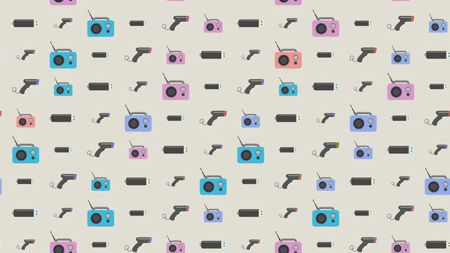 Seamless pattern of radios, USB drives, and barcode scanners