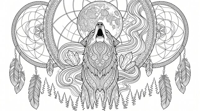 Majestic howling wolf with dreamcatcher mandala feathers and crystals adult coloring book page