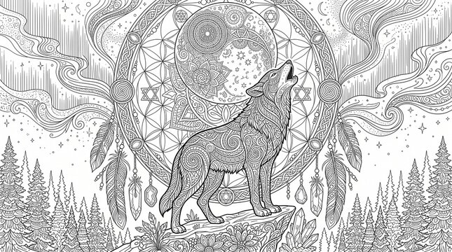 Mystical wolf howling at full moon with sacred geometry dreamcatcher adult coloring page