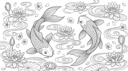 Fototapeta premium Japanese koi fish pair swimming among blooming lotus flowers zen adult coloring page