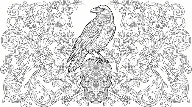 Gothic raven perched on ornate carved skull with antique keys and roses adult coloring page