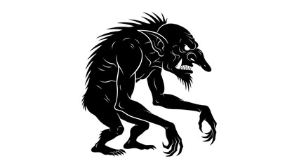 Obraz premium A black and white vector silhouette of a menacing fantasy troll or goblin creature with sharp claws and teeth, representing mythology, monsters, and fantasy concepts.