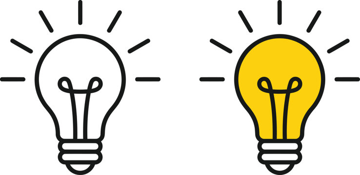 Bright yellow light bulb idea symbol and outline drawing.