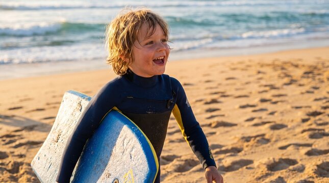 Young boy smiling and holding a bodyboard on a sandy beach  