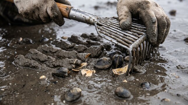 Hands using a clam rake to harvest clams from wet tidal sediment  