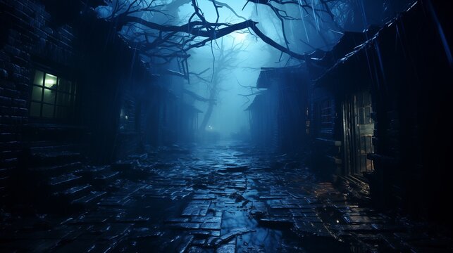 A dark alley at night lit only by a single laptop screen showing a map of the dark web, with digital fog forming ghostly shapes in the air