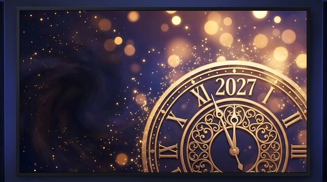 A beautiful golden clock face shows eleven fifty nine just before midnight with a sparkling festive lights background