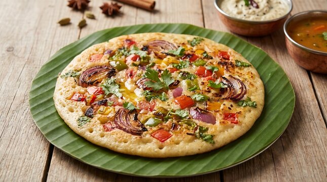 Indian vegetable uttapam pancake served on banana leaf with toppings  