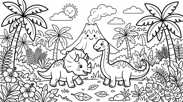 Kawaii baby dinosaurs coloring page for kids with smiling volcano palm trees and jungle flowers