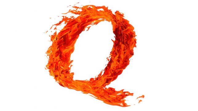 Letter q formed by bright orange flames with capital letter swirling on transparent background