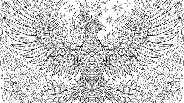 Majestic mythical phoenix rising coloring page for adults with mandala flames and lotus flowers