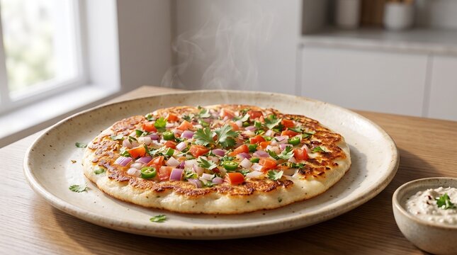 South Indian uttapam topped with onions, tomatoes, and chilies  