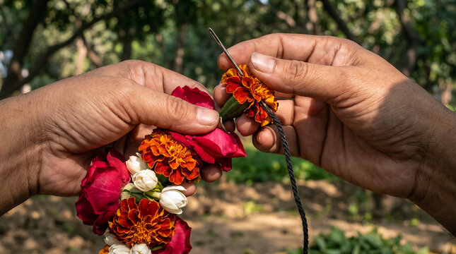 Hands Threading Fresh Flowers Onto String &mdash; Diwali Garland Crafting Motion