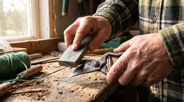 Man sharpening garden pruning shears with a whetstone in workshop  