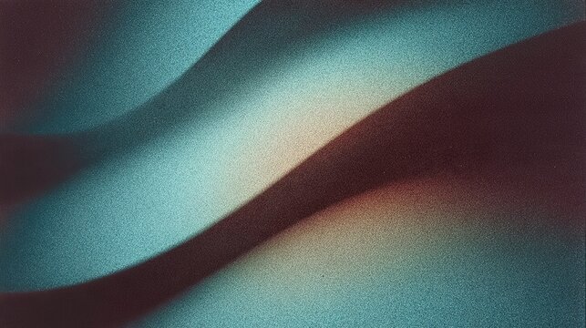 High grain abstract background of flowing colors, curved blending sweeps of pale desaturated teal and dark charcoal brown with reddish undertones, gritty speckled texture resembling high ISO film phot