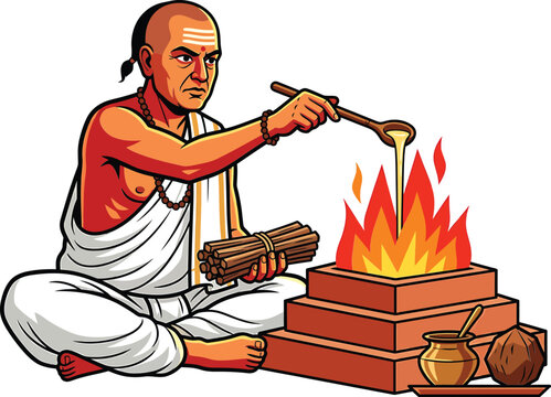 Chanakya performing yajna ritual, ancient indian scholar offering ghee into sacred fire