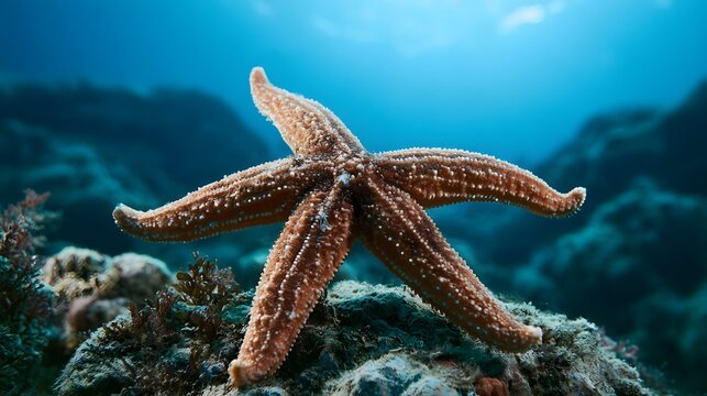 A vibrant orange starfish rests gracefully on a rocky seabed  surrounded by gentle ocean currents and soft blue water