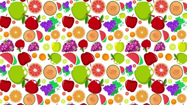 Animated fruit pattern background with colorful apples grapes and citrus slices scrolling on green black and white.
