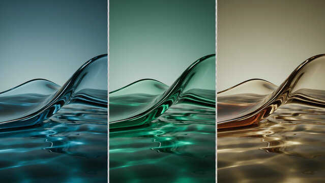 Abstract liquid wave forms in three different color tones of blue green and bronze metallic